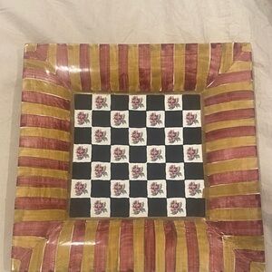 MacKenzie-Childs Checkered Floral Plate with Gold and Brown Stripes